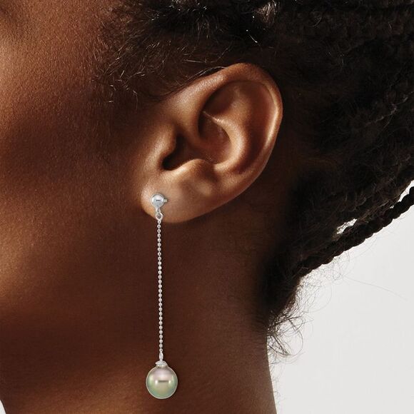 Silver Rhodium-PLT & Beaded 9-10mm Tahitian Saltwater Pearl Post Dangle Earrings